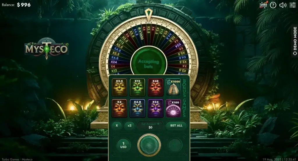 หน้าจอเกมออนไลน์ "MYSTECO" แสดงวงล้อเสี่ยงโชคขนาดใหญ่และแผงเดิมพันในธีมวิหารโบราณลึกลับ