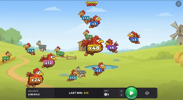 หน้าจอเกม "CHICKEN SHOOT" แสดงฝูงไก่การ์ตูนบินอยู่เหนือทุ่งหญ้าพร้อมตัวคูณรางวัลต่างๆ และแผงควบคุมด้านล่าง