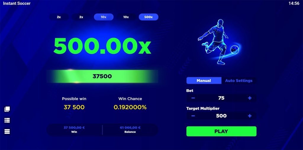 หน้าจออินเตอร์เฟสเกม "Instant Soccer" แสดงตัวคูณรางวัลใหญ่ 500.00x และแผงควบคุมการเดิมพันด้านขวา