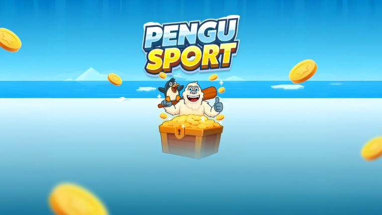 ภาพหน้าจอเกม "PENGU_SPORT" แสดงโลโก้ชื่อเกมอยู่ด้านบน ถัดลงมาตรงกลางมีตัวละครเยติขนสีขาว