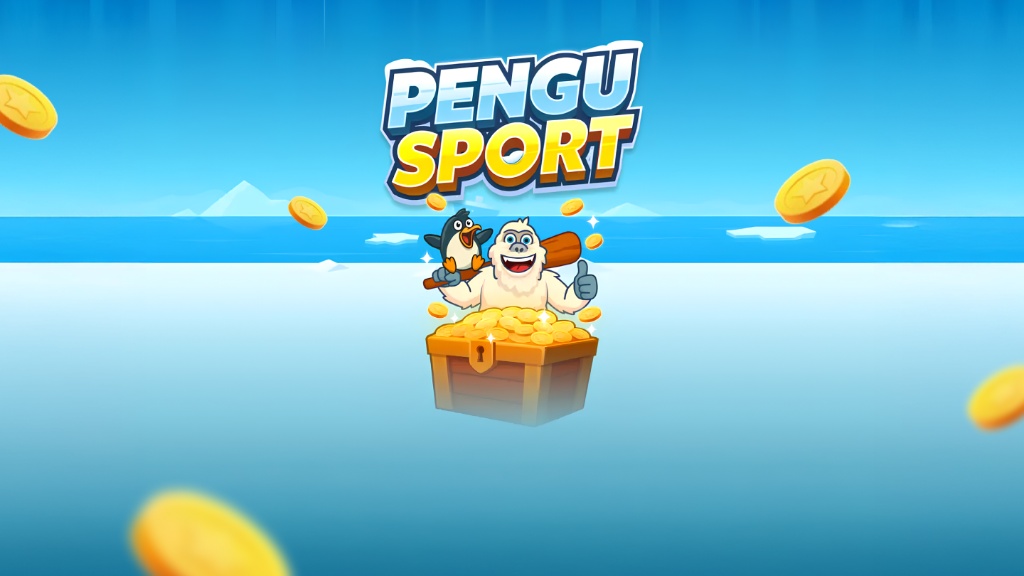 ภาพหน้าจอเกม "PENGU_SPORT" แสดงโลโก้ชื่อเกมอยู่ด้านบน ถัดลงมาตรงกลางมีตัวละครเยติขนสีขาว