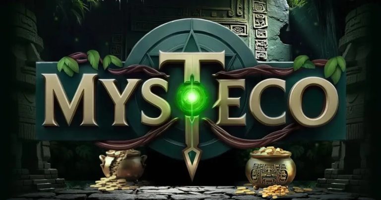 โลโก้ "MYSTECO" สไตล์ผจญภัย ขอบสีทองและมีแสงสีเขียวตรงกลาง ล้อมรอบด้วยเถาวัลย์และไหสมบัติ
