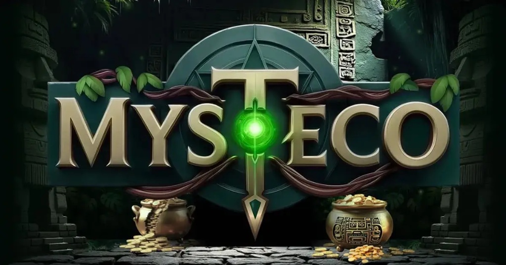 โลโก้ "MYSTECO" สไตล์ผจญภัย ขอบสีทองและมีแสงสีเขียวตรงกลาง ล้อมรอบด้วยเถาวัลย์และไหสมบัติ