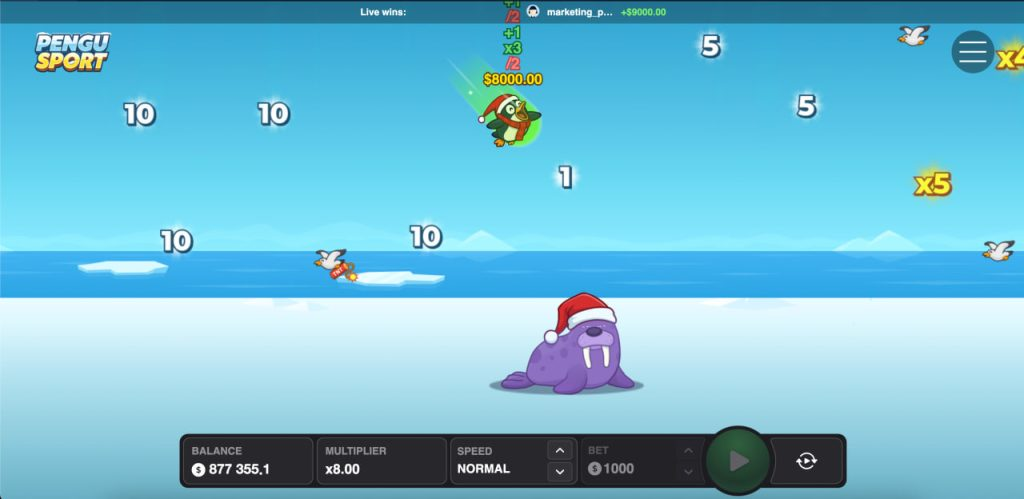 โลโก้เกม "PENGU SPORT" ตัวอักษรสีขาวขอบฟ้าและสีเหลืองขอบส้มสไตล์การ์ตูน