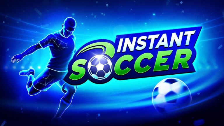 โลโก้เกม "INSTANT SOCCER" บนพื้นหลังสีน้ำเงินเรืองแสง พร้อมรูปนักฟุตบอลกำลังเตะบอล