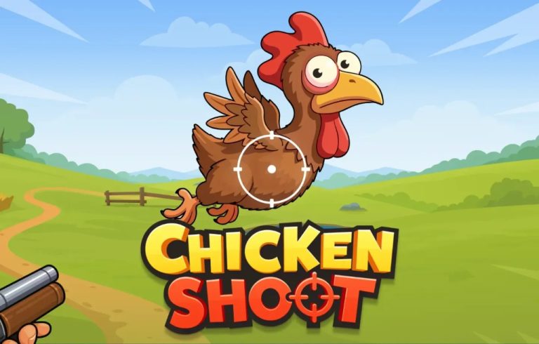 โลโก้เกม "CHICKEN SHOOT" บนพื้นหลังทุ่งหญ้า พร้อมรูปไก่การ์ตูนตลกๆ ที่กำลังถูกเป้าเล็ง
