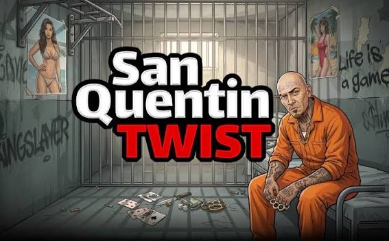 โลโก้ข้อความภาษาอังกฤษคำว่า "San Quentin TWIST" โดยคำว่า "San Quentin" เป็นตัวอักษรสีขาวหนาขอบดำ และคำว่า "TWIST" เป็นตัวอักษรสีแดงขอบดำ