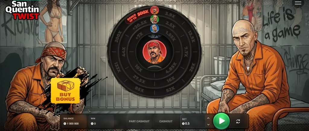 ภาพหน้าจออินเตอร์เฟซของเกม "San Quentin TWIST" แสดงวงล้อสล็อตแนวตั้งตรงกลางล้อมรอบด้วย